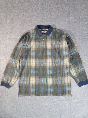 Vintage Bugle Boy Long Sleeve Polo Shirt Earth Tones Striped Geometric Y2K Mens